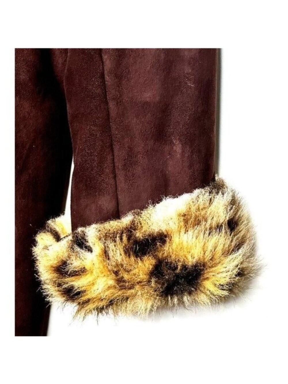 Vintage Novelti Mobwife Coat Womens S Brown Y2K Faux Suede Leopard Fur Trim - Picture 7 of 14